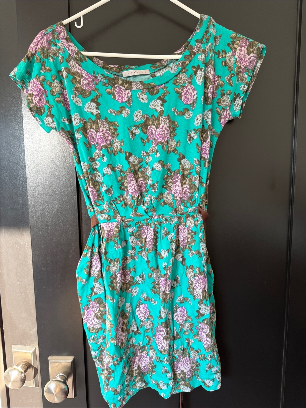 Monteau Teal Floral Short Sleeve Top with Purple Accents